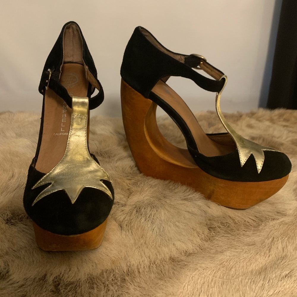 Jeffrey Campbell Black Suede & Gold T-Strap Platform Wedges with Wood-Look Heel